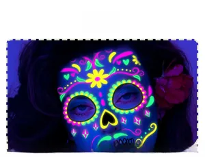 Detail view of fluorescent Day of the Dead face tattoo stickers glowing under UV light