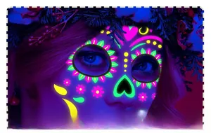 Detail of neon Day of the Dead face tattoo stickers glowing under UV light
