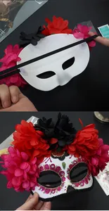 Detailed views of floral Day of the Dead half-face mask with colorful glitter and rhinestones