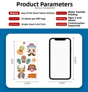 Detailed size comparison and specifications for Day of the Dead temporary tattoos