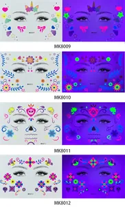 Tatuaggi temporanei fluorescenti per bambini con teschi per il Giorno dei Morti festivo