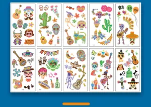 Detailed set of 10 Day of the Dead temporary tattoo stickers with colorful sugar skull designs.
