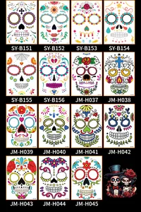 Detailed view of various colorful sugar skull temporary face tattoos for Halloween
