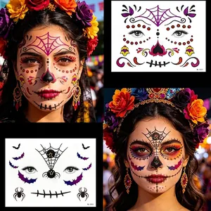 Vibrant Day of the Dead face tattoo stickers for Halloween parties and festivals