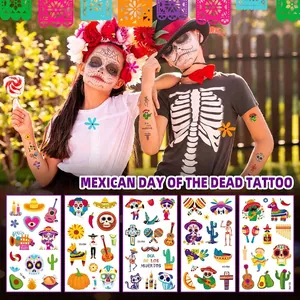 Day Of The Dead Temporary Tattoos For Kids Halloween Colorful Skull Skeleton Water Transfer Stickers For Party Masquerade Decoration