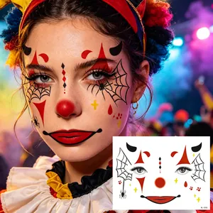Professional Halloween clown face tattoo stickers featuring spider webs and red nose designs