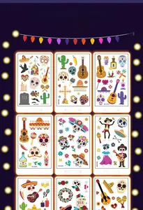Colorful Mexican Day of the Dead temporary tattoo stickers with skull and guitar designs