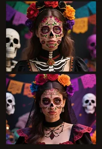 Intricate sugar skull temporary face tattoos for Day of the Dead and Halloween makeup