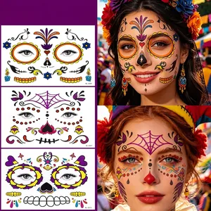 Waterproof Day of the Dead face tattoo stickers with colorful sugar skull designs for Halloween.