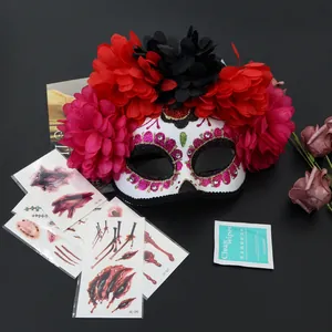 Day of the Dead floral mask set with horror wound temporary tattoos for Halloween party.