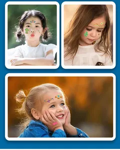 Three happy kids showing colorful Mexico Day of the Dead temporary face tattoo stickers