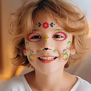 Kids Day of the Dead temporary face tattoos, glowing colorful floral party stickers