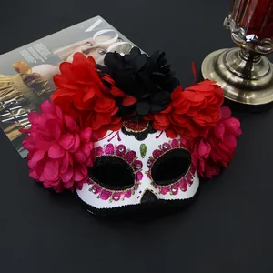 Day of the Dead sugar skull half mask with red and black floral decorations