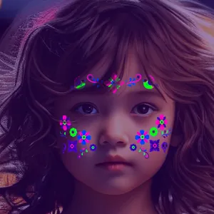 Fluorescent Day of the Dead face tattoo stickers for kids featuring colorful floral patterns