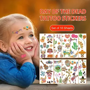 Mexican Day Of The Dead Temporary Tattoos For Kids Halloween Party Face Decals Colorful Skull Guitar Cactus Cartoon Stickers