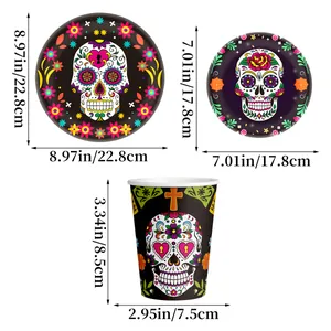 Detailed dimensions for Day of the Dead theme skull print paper plates and cups set