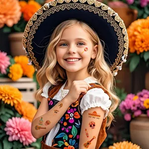 Colorful Mexican Day of the Dead temporary tattoos for kids with skull and guitar patterns