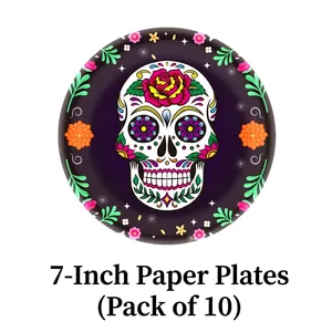 Detail of 7-inch Day of the Dead paper plate with colorful sugar skull design