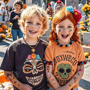Colorful Children's Day of the Dead temporary tattoos with skull and guitar designs