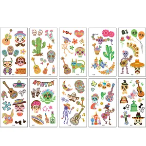 Set of 10 Day of the Dead temporary tattoo stickers with sugar skull and guitar designs
