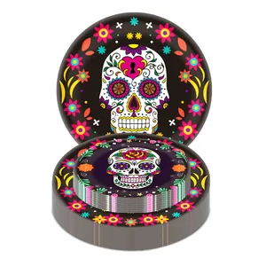 Vibrant Day of the Dead paper plates with colorful sugar skull and flower patterns