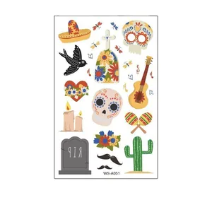 Mexican Day of the Dead temporary tattoo stickers with colorful skulls and guitar