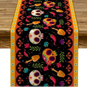 Mexican Fiesta table runner featuring Day of the Dead sugar skull prints on linen