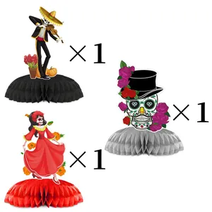 Lot de trois centres de table en nid d'abeille sur le thème du Jour des Morts avec squelettes