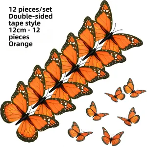 Set mit 12 orangefarbenen 3D Monarchfalter Wandaufklebern mit doppelseitigem Kleber