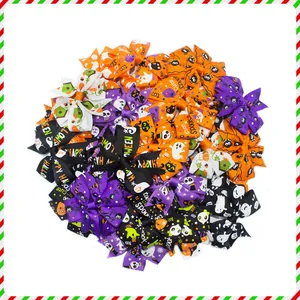 Collection of festive Halloween hair bows featuring ghosts and spiders in mixed colors