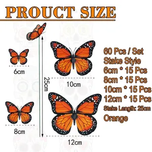 Détails complets de taille pour 60 tuteurs papillon monarque 3D orange avec tiges de 25cm