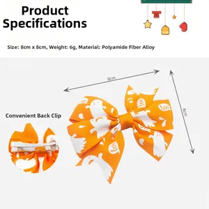 Halloween ghost pattern bow hair clip with dimensions and back clip detail
