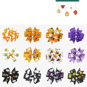 Variety of Halloween themed ribbed ribbon bow hair clips with festive patterns and colors