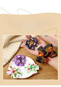 Detailed view of handmade Halloween ribbon bows featuring pumpkin and skeleton designs