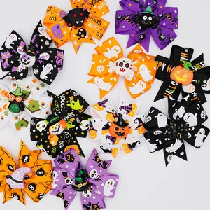 Halloween themed bow hair clips set for kids and pets with ghost pumpkin charms