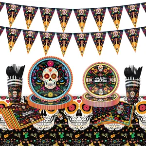 Comprehensive Dia de los Muertos party tableware set with colorful skull and floral designs