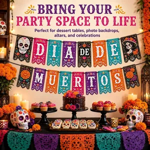 Vibrant Día de Muertos banner hanging over a festive Mexican party dessert table