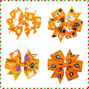 Variety of four Halloween themed ribbon hair bows with ghosts, black cats and spiders