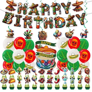 Detailed view of Mexican fiesta birthday party decoration set with banner and balloons