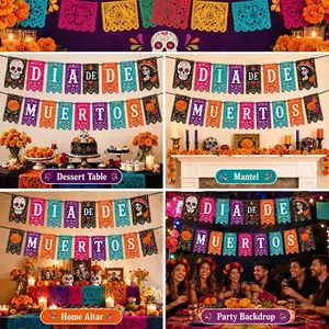 Día de Muertos banner set shown in various party and home altar settings