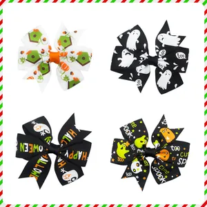 Festive set of 4 Halloween themed grosgrain ribbon hair bows with cute ghost prints