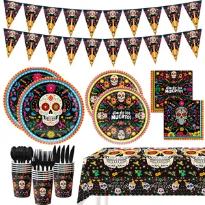 Detailed layout of Dia de los Muertos tableware set with plates, cups, and skull motifs