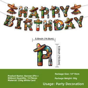 Detail view of Mexican fiesta birthday banner with dimensions and product specifications