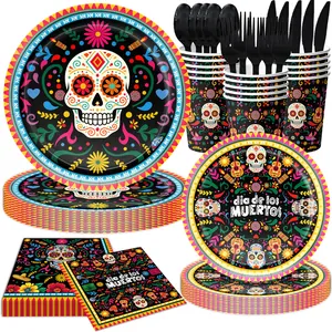Comprehensive Dia de los Muertos party tableware set with sugar skull paper plates