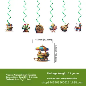 Detailed view of 6 Mexican theme spiral hanging party decorations with size measurements
