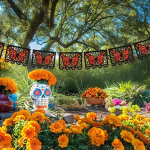 Day of the Dead Mexican party banner with monarch butterfly flags for Ofrenda decor