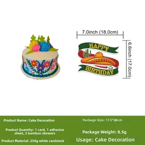 Mexican fiesta birthday cake topper with detailed dimensions and 250g cardstock texture