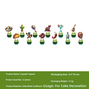 Detailed set of 12 Mexican themed cupcake toppers featuring vibrant party motifs.