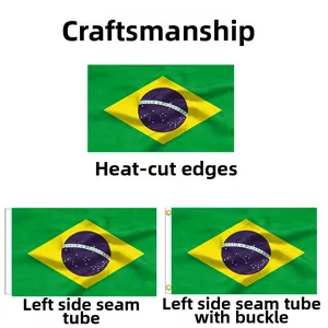 Detailed view of Brazil flag production showing various edge finishes and grommets