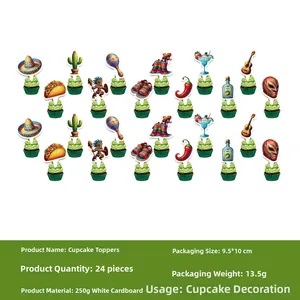Detailed view of 24pcs Mexican-themed cupcake toppers featuring festive cactus and taco designs